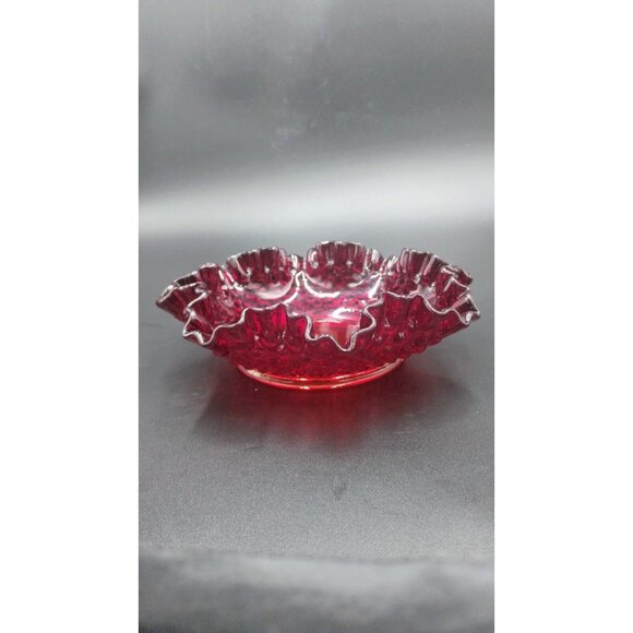 Fenton Hobnail Ruby Red Amberina Glow Ruffle Glass Candy Dish - Picture 2 of 16